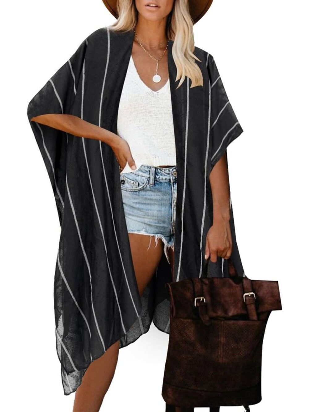 Women A Black Stripe Viscose Summer Bikini Kimono Bathing And Swimwear Cover Ups